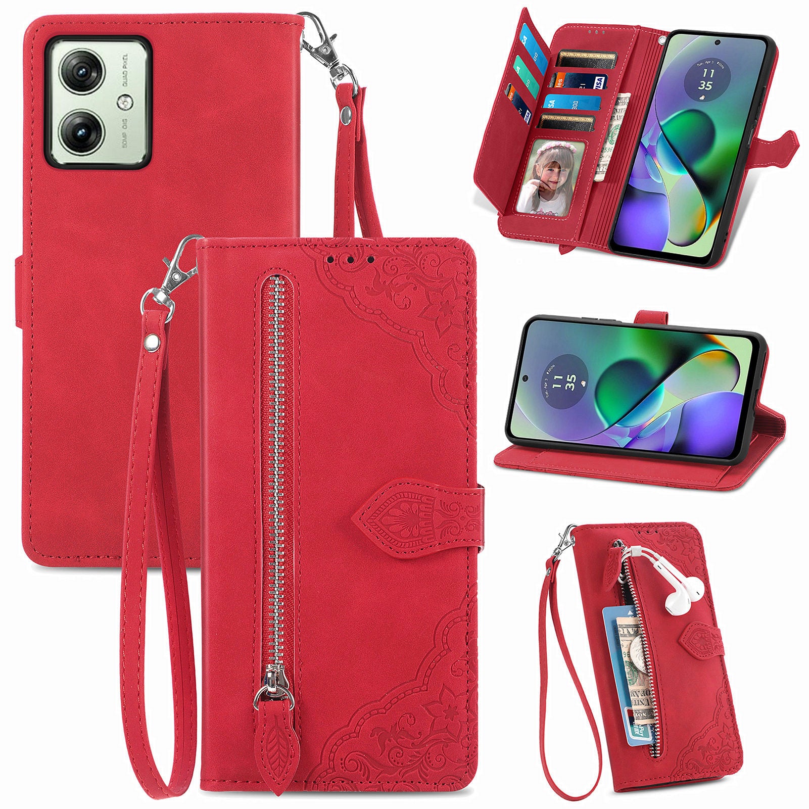 For Motorola Moto G54 5G Case Leather Handbag Zipper Pocket Flower Imprinted Phone Cover For Motorola Moto G54 5G Case Leather Handbag Zipper Pocket Flower Imprinted Phone Cover